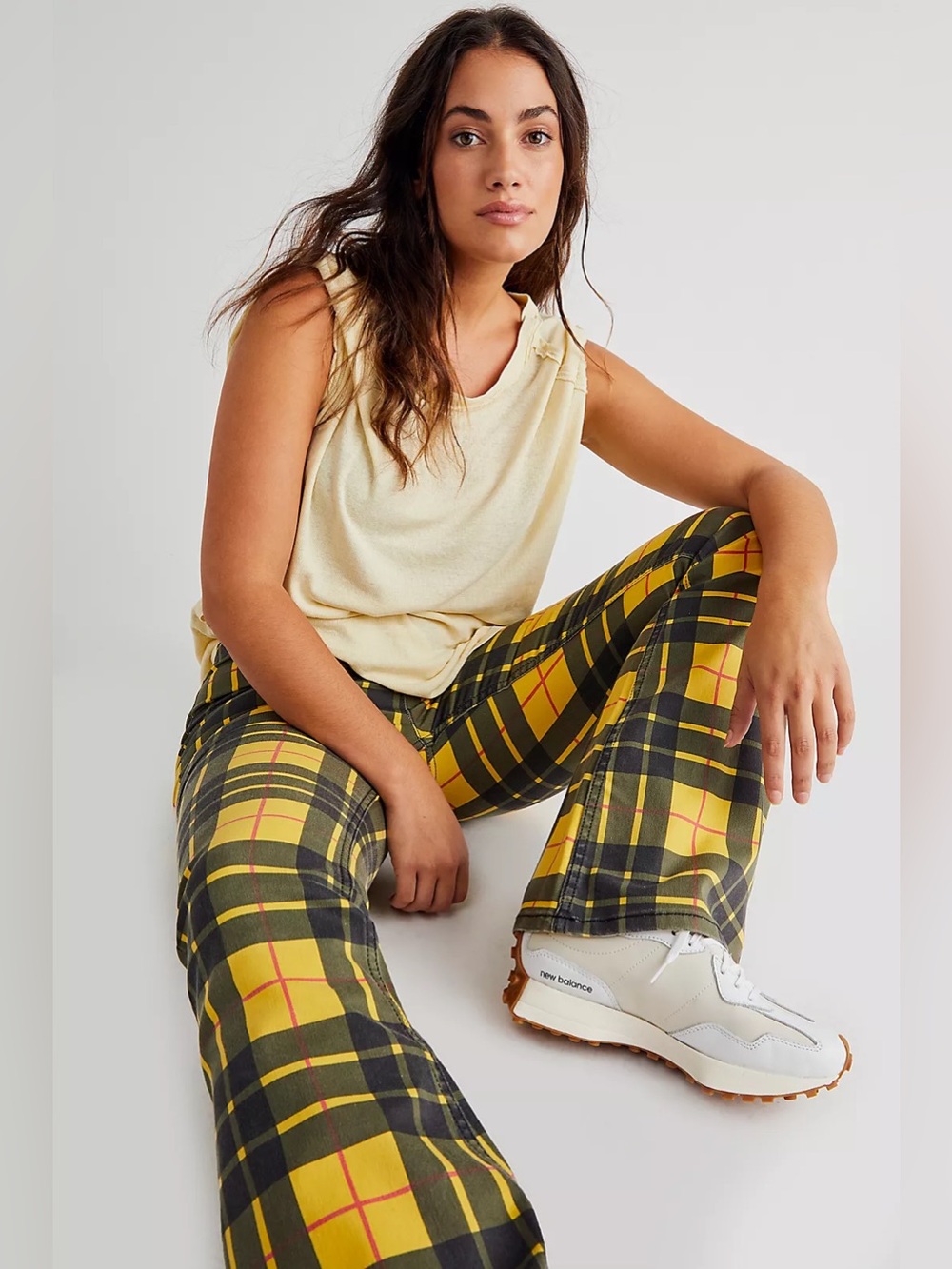 Free People We The Free  Penny Pull On Printed Flare Jeans Yellow Combo 28